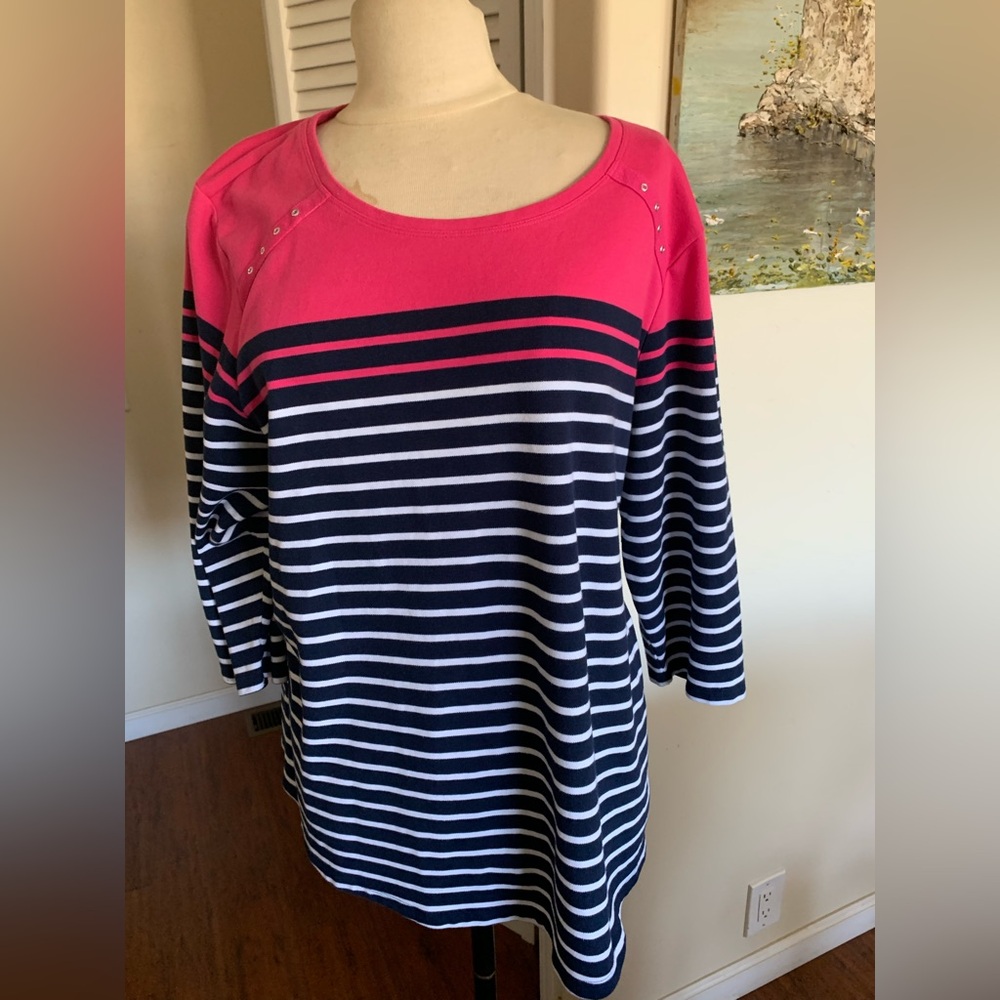 Karen Scott plus size Pink Yoke Navy & White Striped cotton blend top